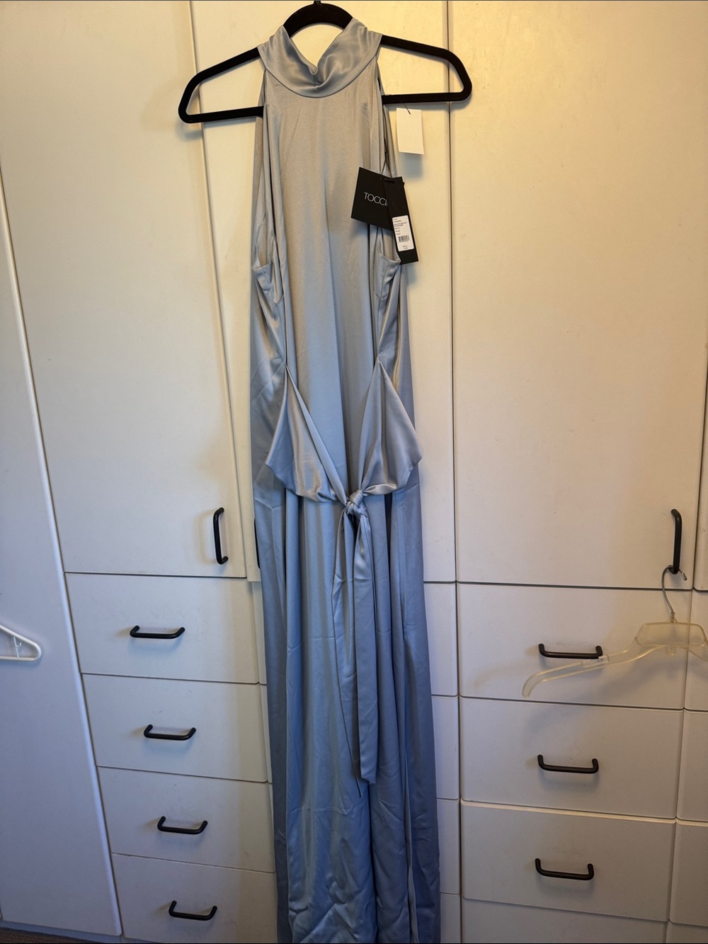 Toccin Sleeveless High-Neck Light Blue Satin Maxi Dress with Tie Waist, peek-boo